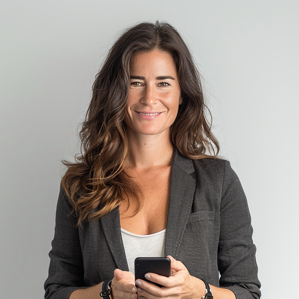 Confident woman holding phone smiling