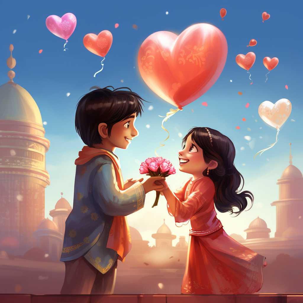 Indian boy giving flowers to girl with hearts and balloons