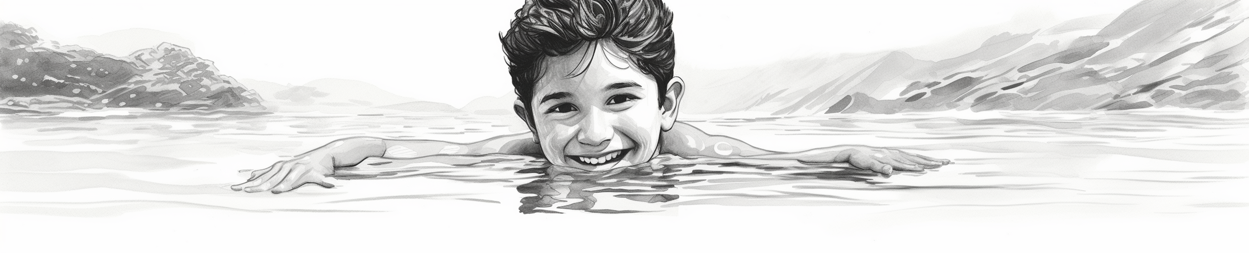 Indian boy swimming and smiling sketch