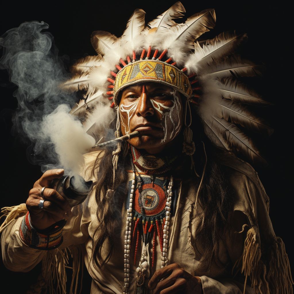 Indian chief enjoying tobacco bong