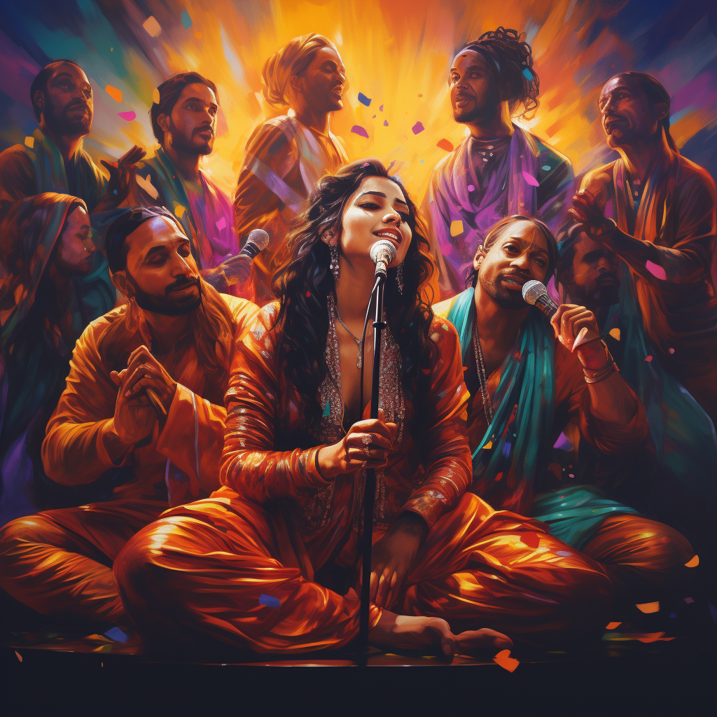 Group of Indian classical singers with neon lights