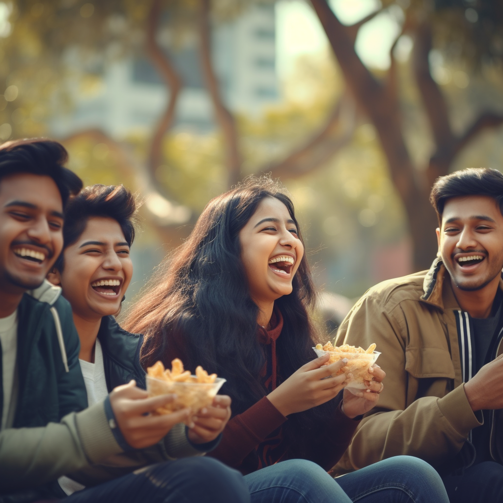 Indian college students enjoying snacks and laughter