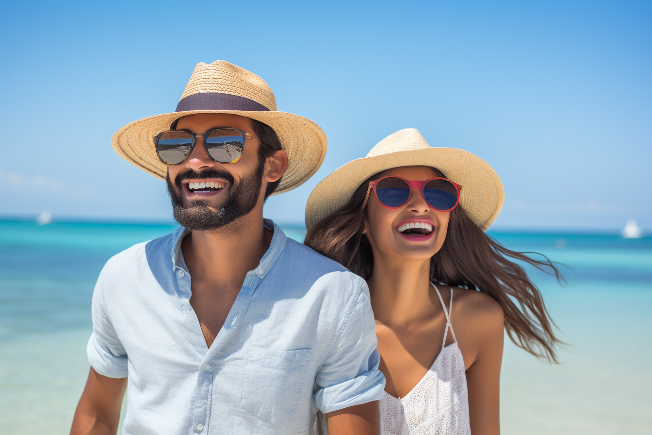 Indian couple beach sunglasses hat smiling