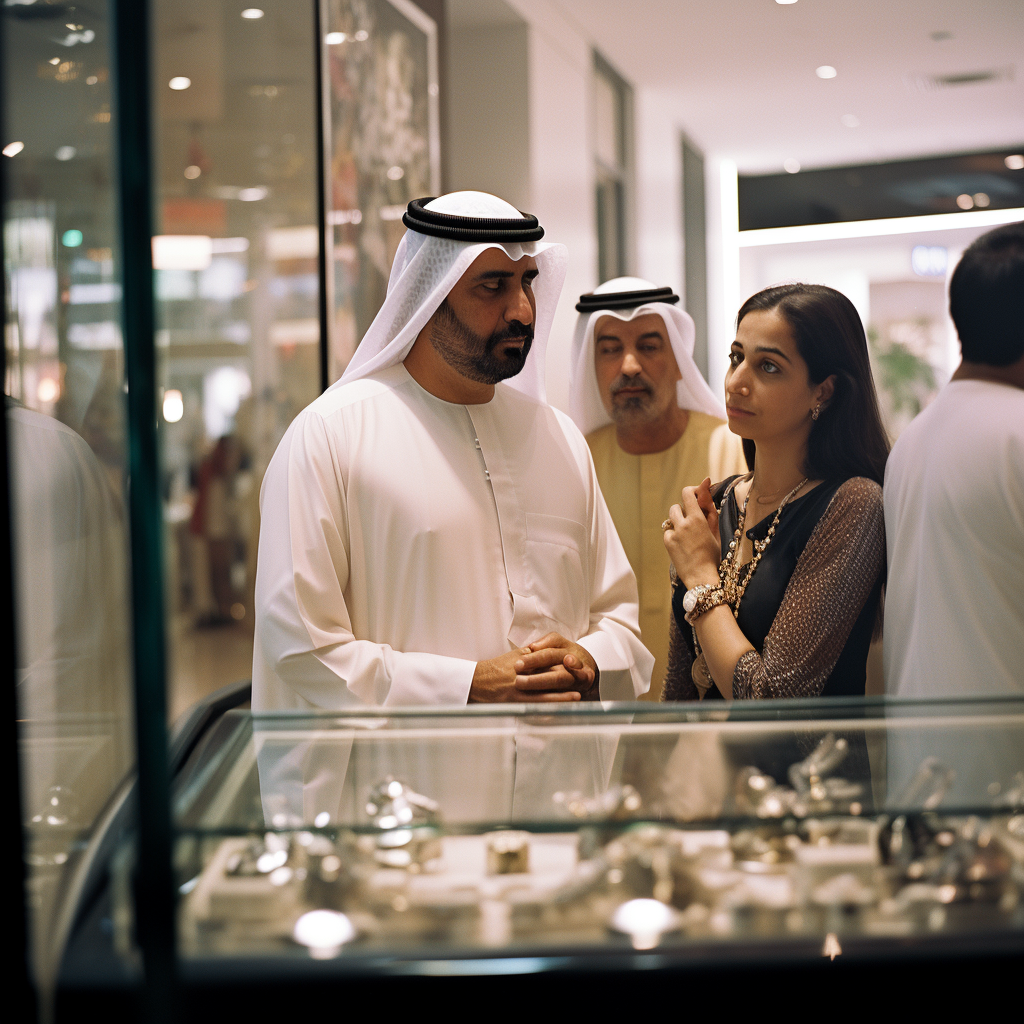 Indian couple buying jewelry at Emirates Mall