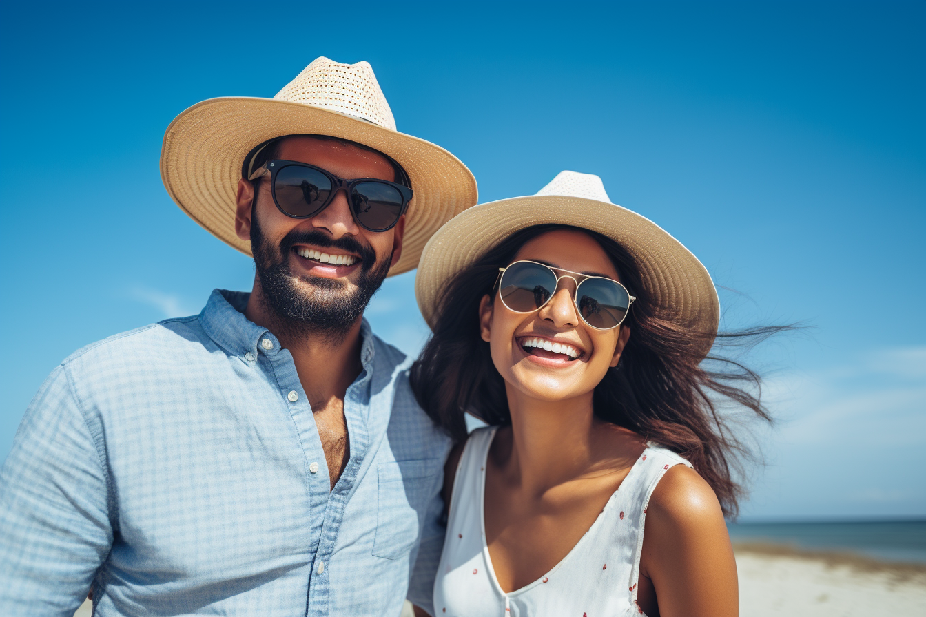 Smiling Indian couple on beach with sunglasses and hat