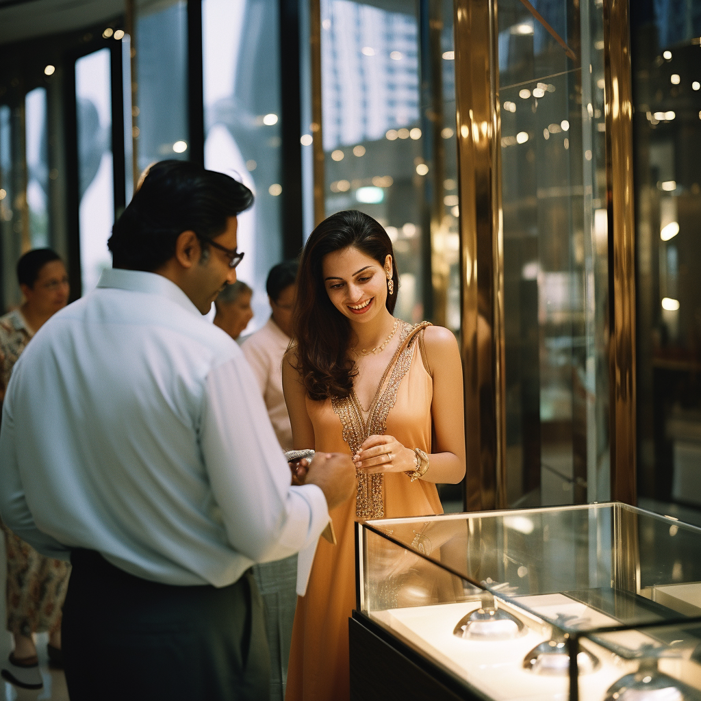 Indian couple shopping for jewelry in Dubai