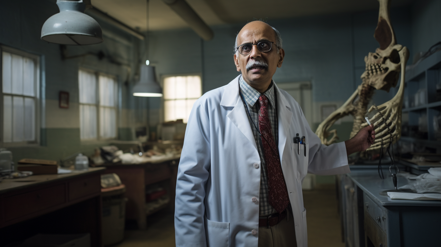 Indian doctor with life size teeth and gum in lab