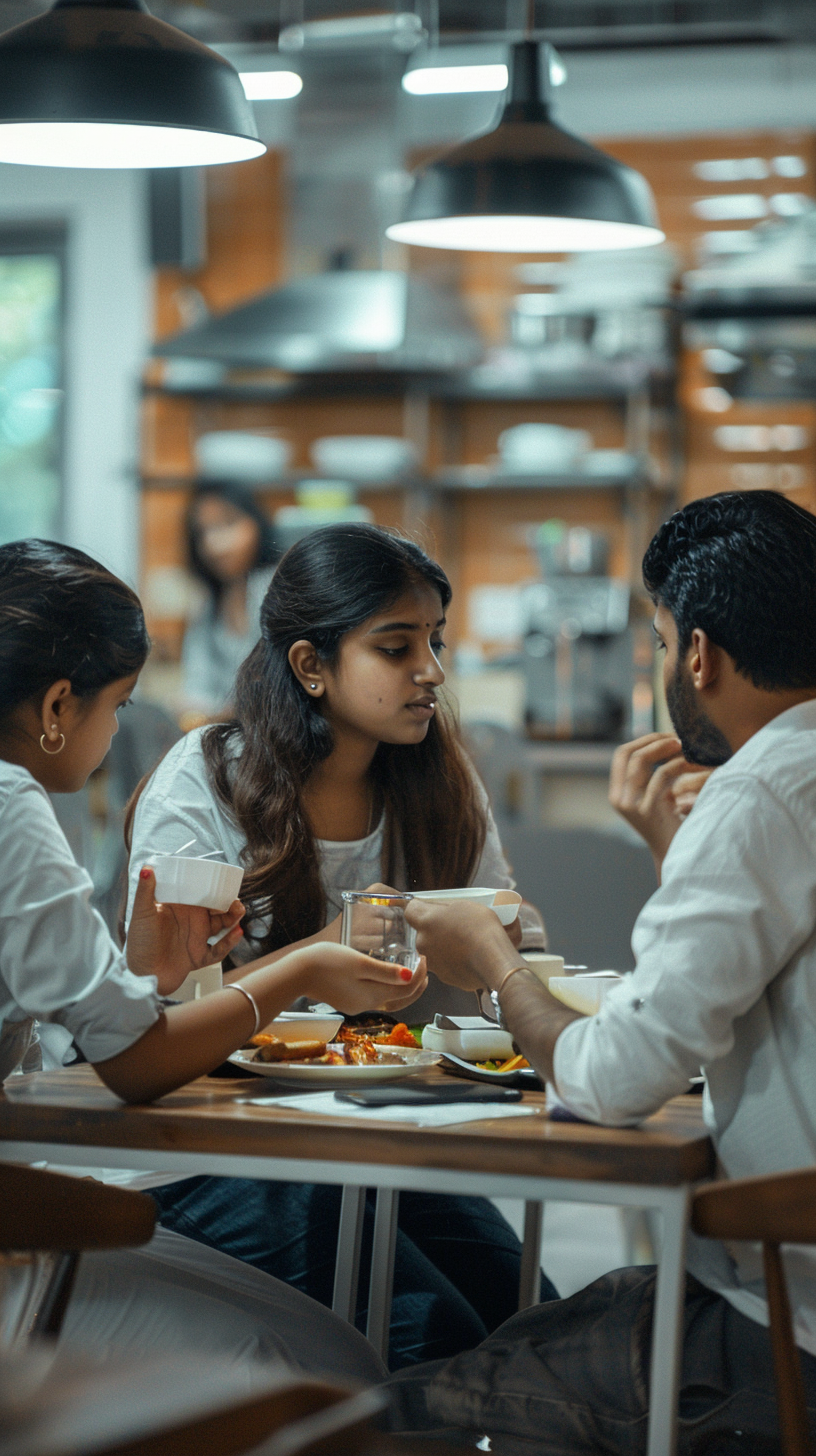 Indian employees eating canteen together