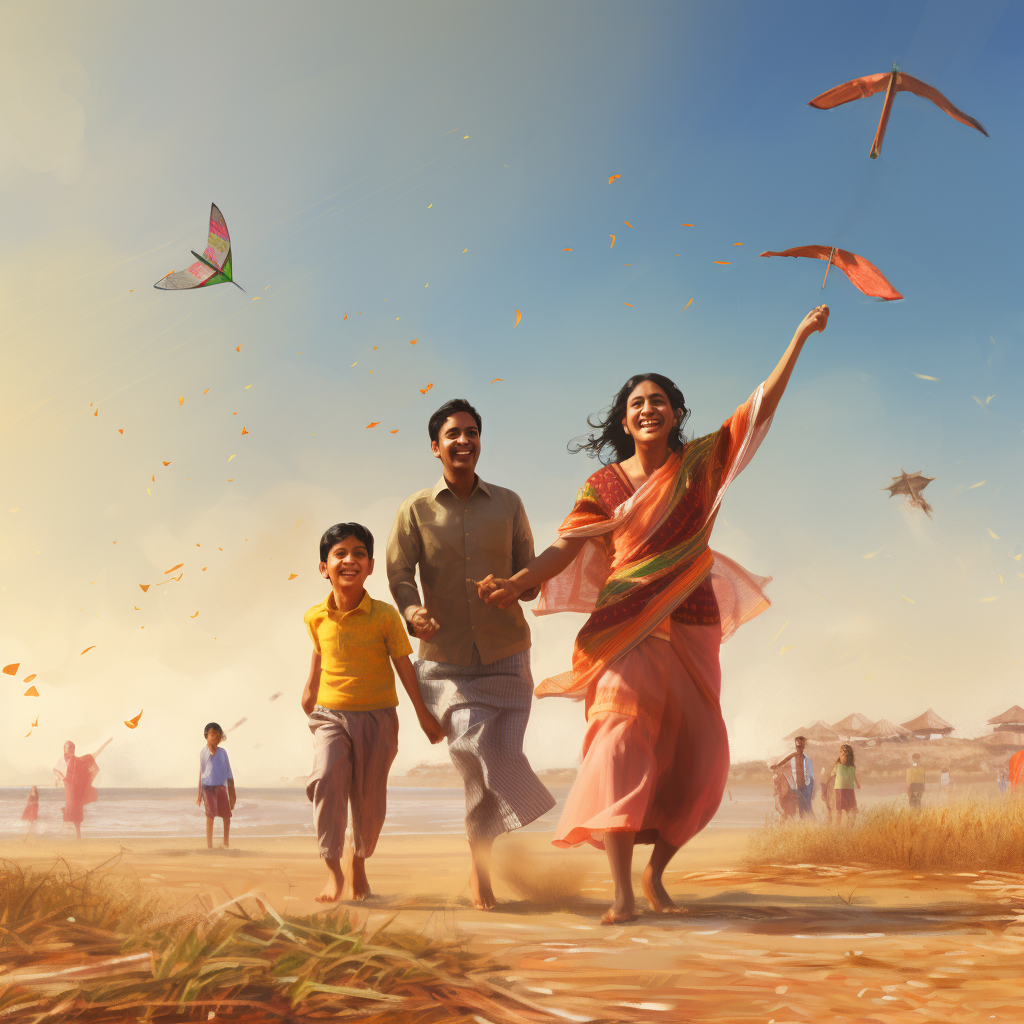 Indian family flying kites, Makar Sankranti celebration