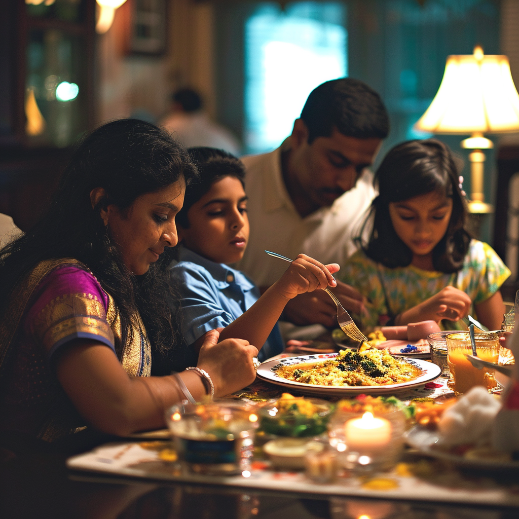 Indian family enjoying dinner in NYC