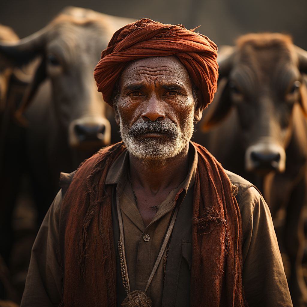 Indian farmer posing with bullock on farm