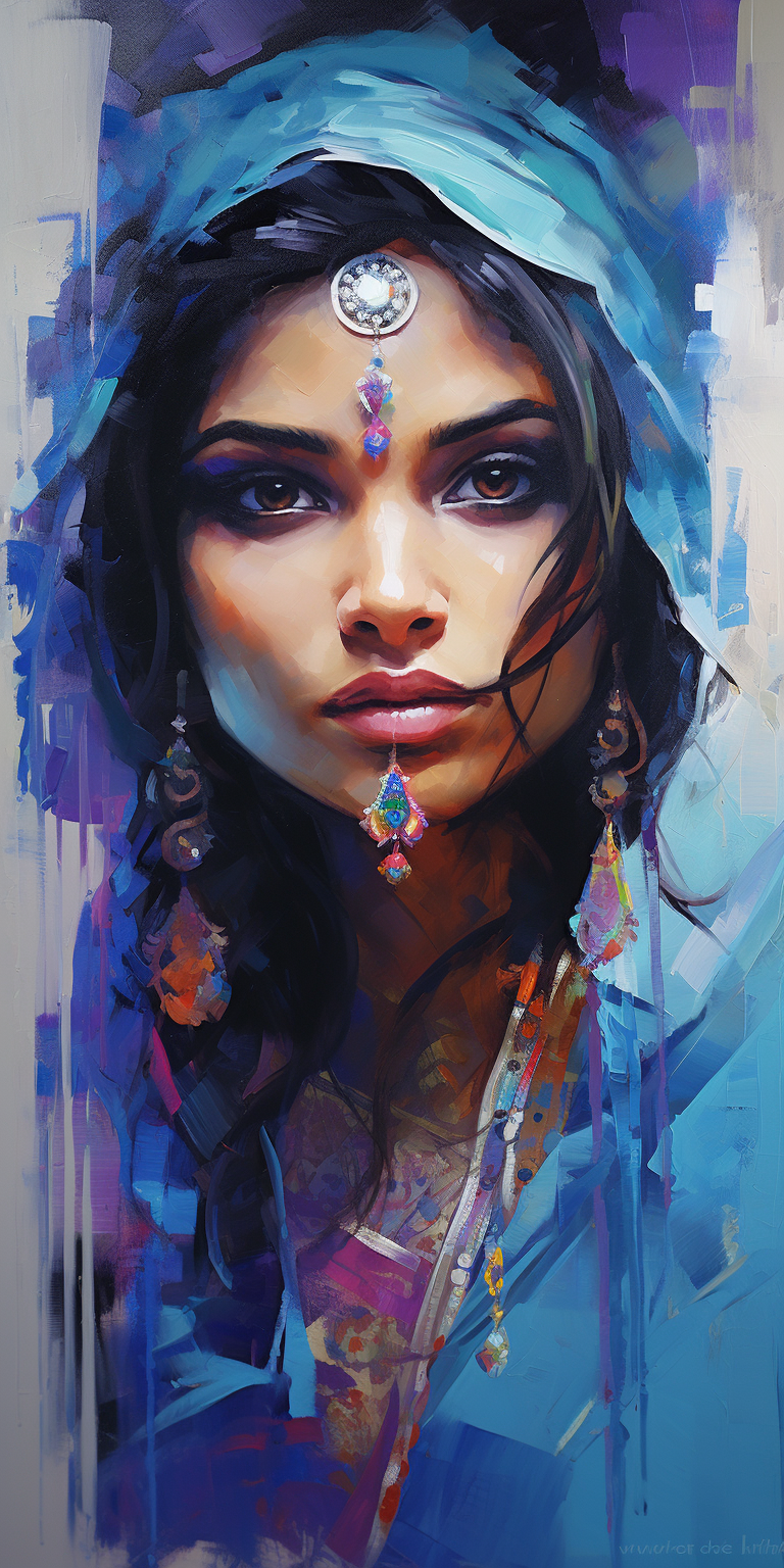 Indian girl wearing cultural clothes and jewelry - artistic painting