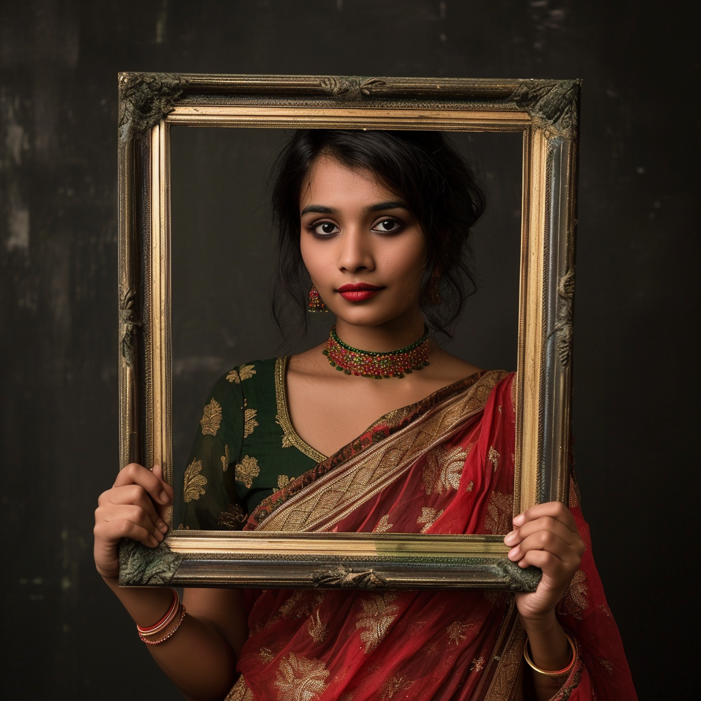 Indian girl holding picture frame mockup