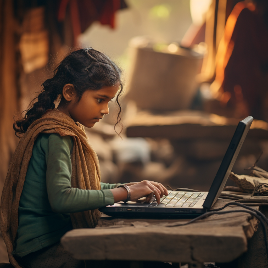 Indian girl using laptop in rural school