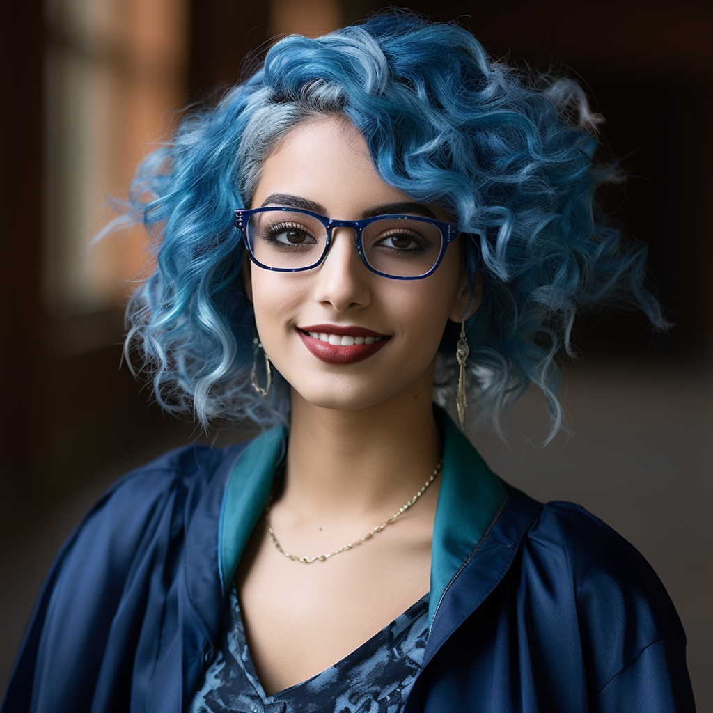 Indian graduate student with blue hair and glasses