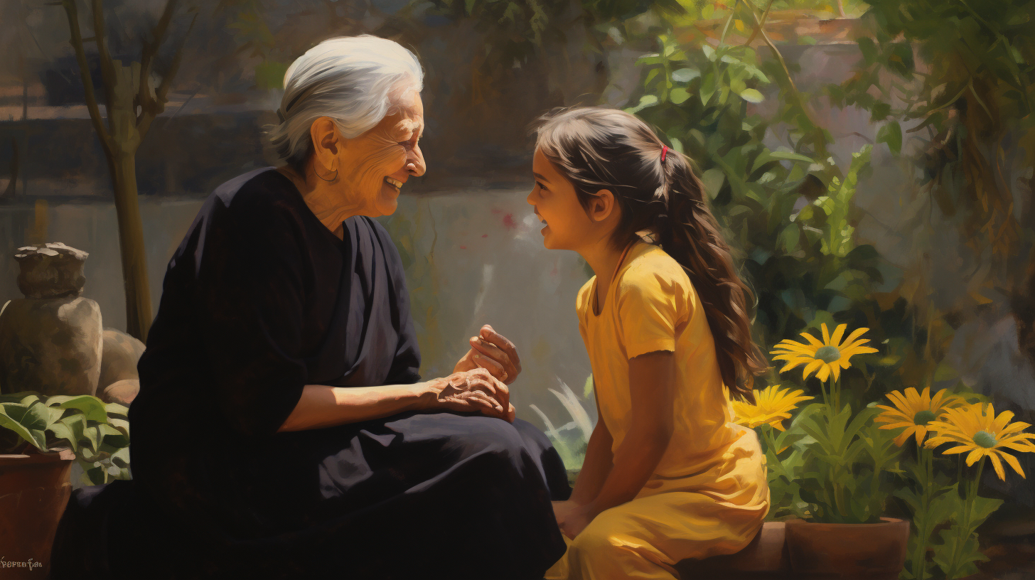 Indian grandmother and granddaughter talking in garden