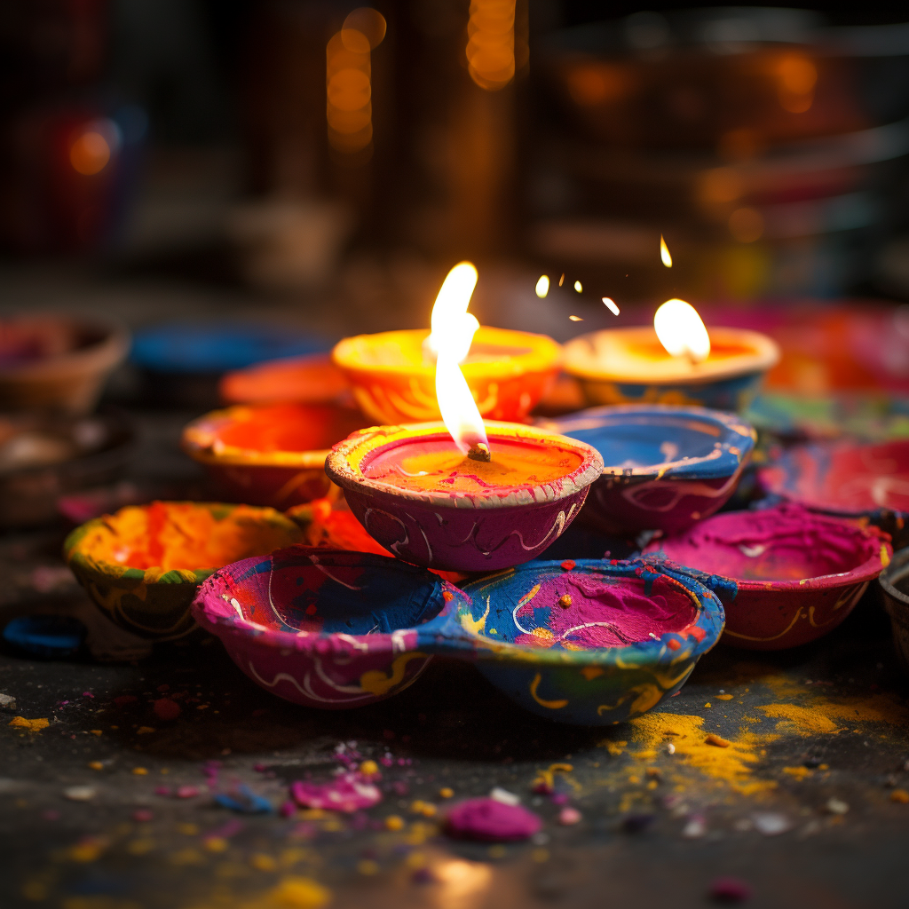 Colorful clay Diya for Indian Holi