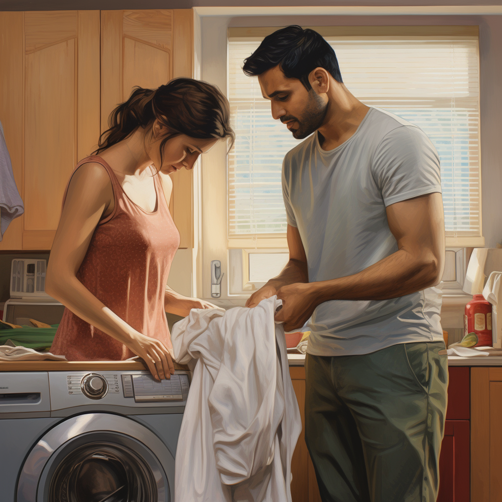 Indian husband washing clothes, wife evaluating his work