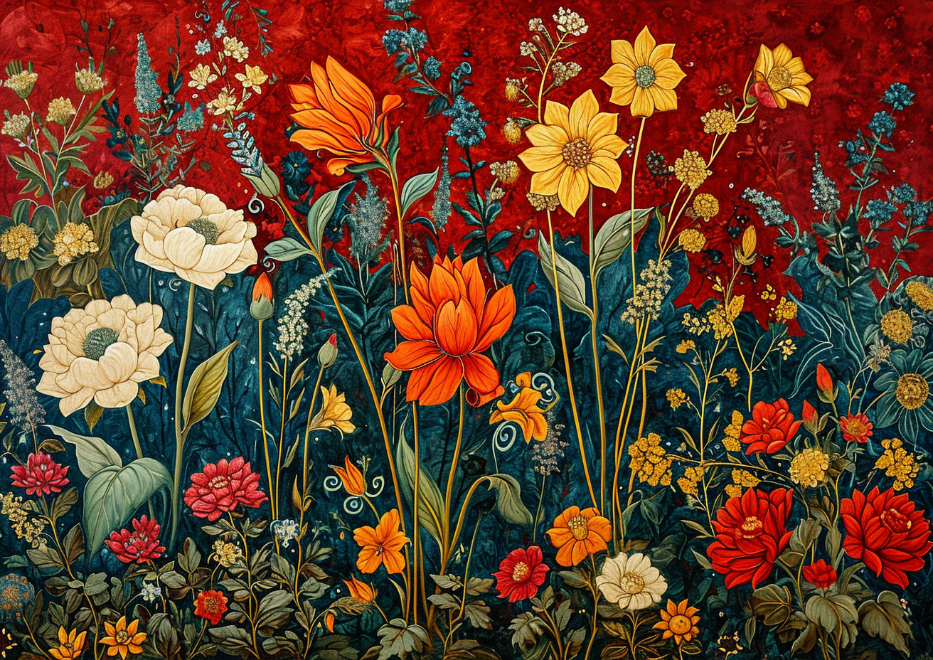 Vibrant Indian Kalamkari Painting with Garden Flowers