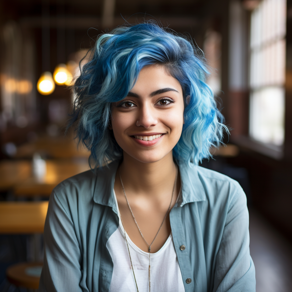 Indian student with blue hair studying