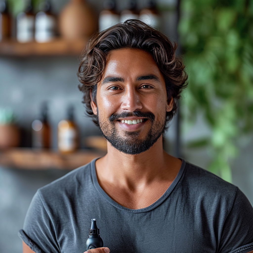 Indian male holding electric razor smiling