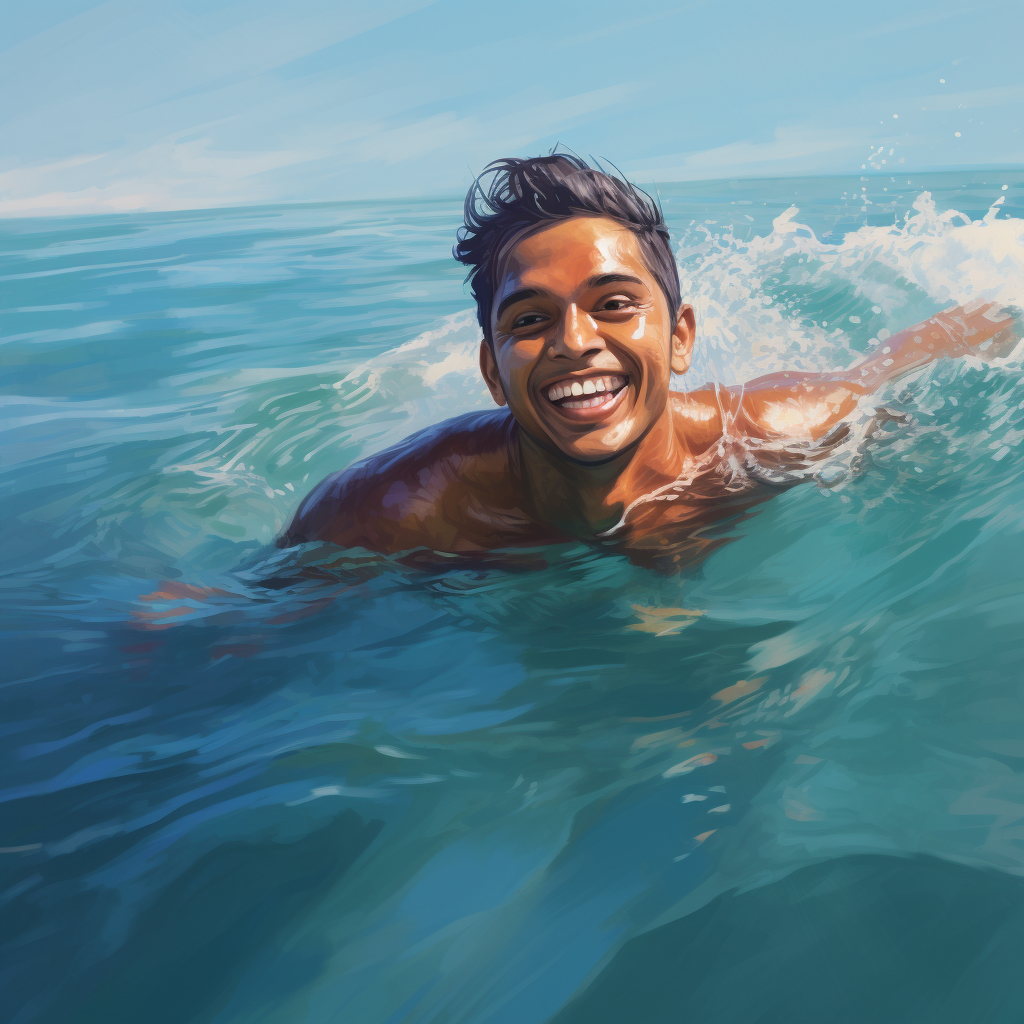 Indian male swimming in ocean