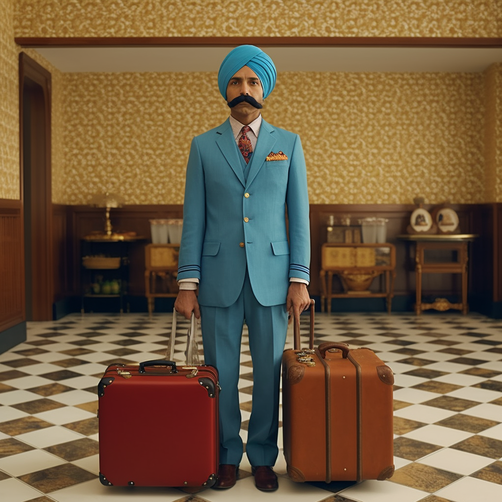 Indian man in blue suit with luggage in hotel lobby