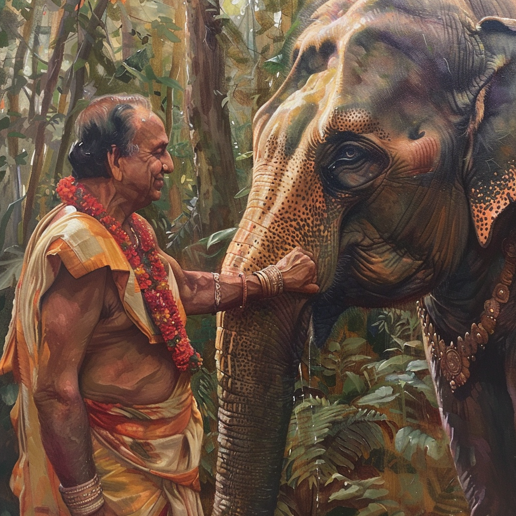 Indian man and elephant interaction