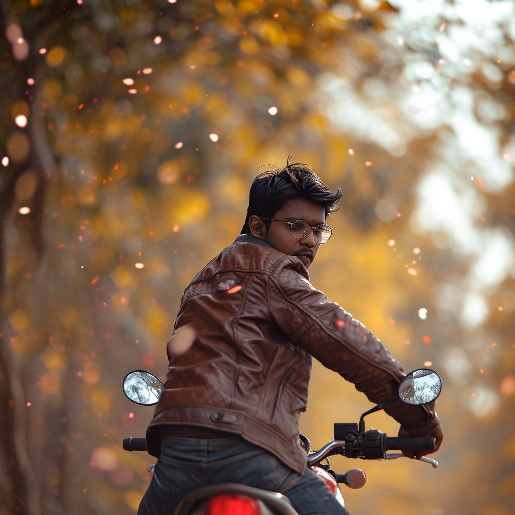 Indian man falling from motorbike, rear view