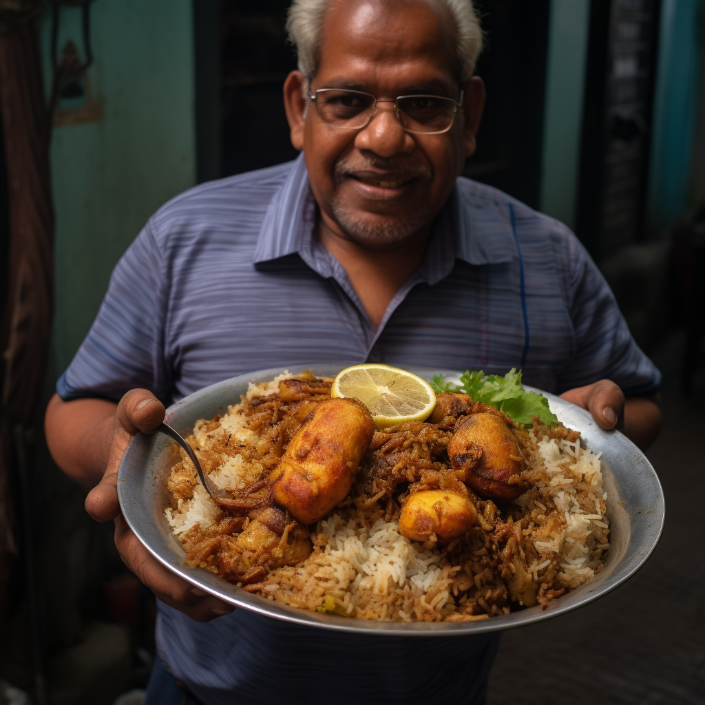 Indian man serving chicken biriyani dish