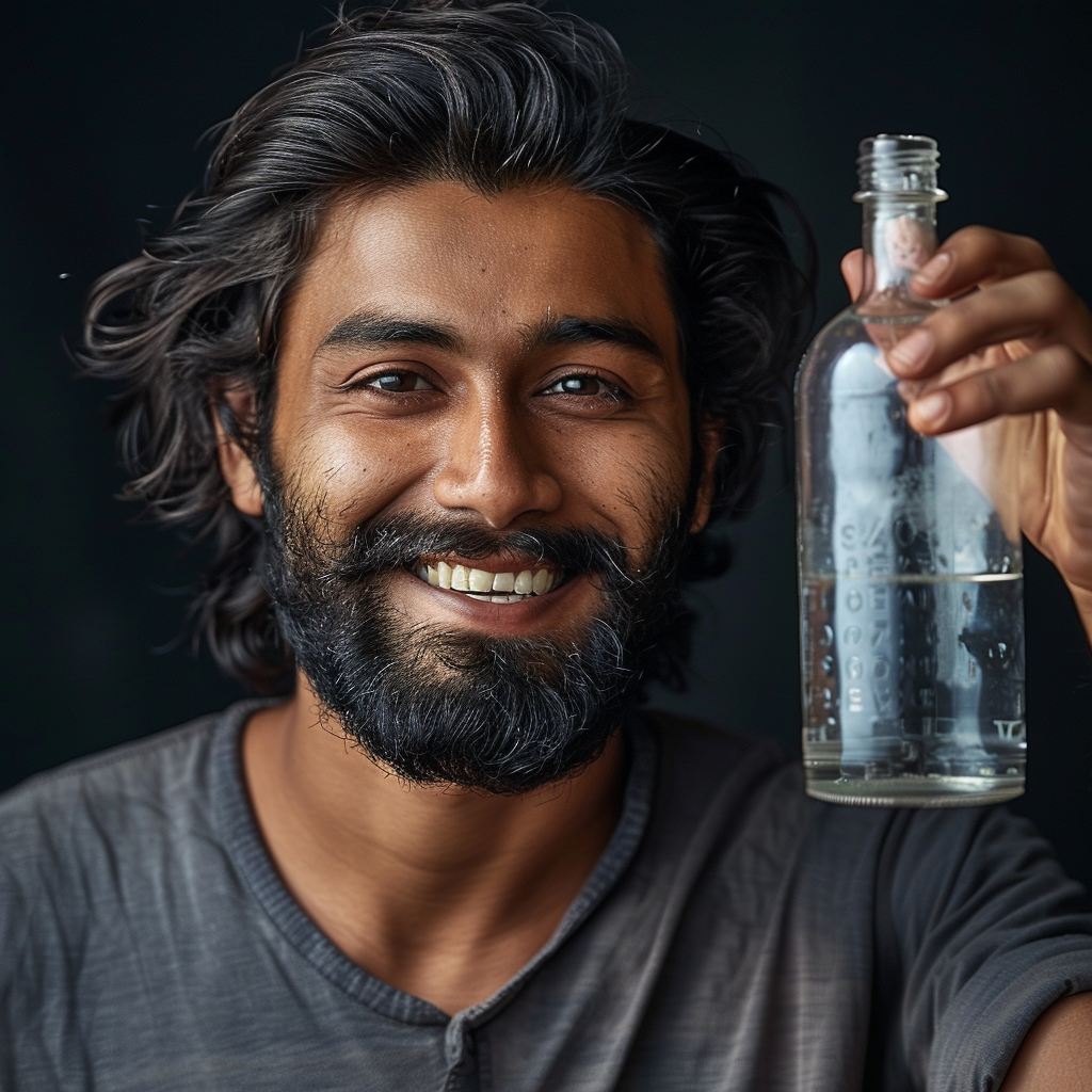 Handsome Indian man holding supplement bottle