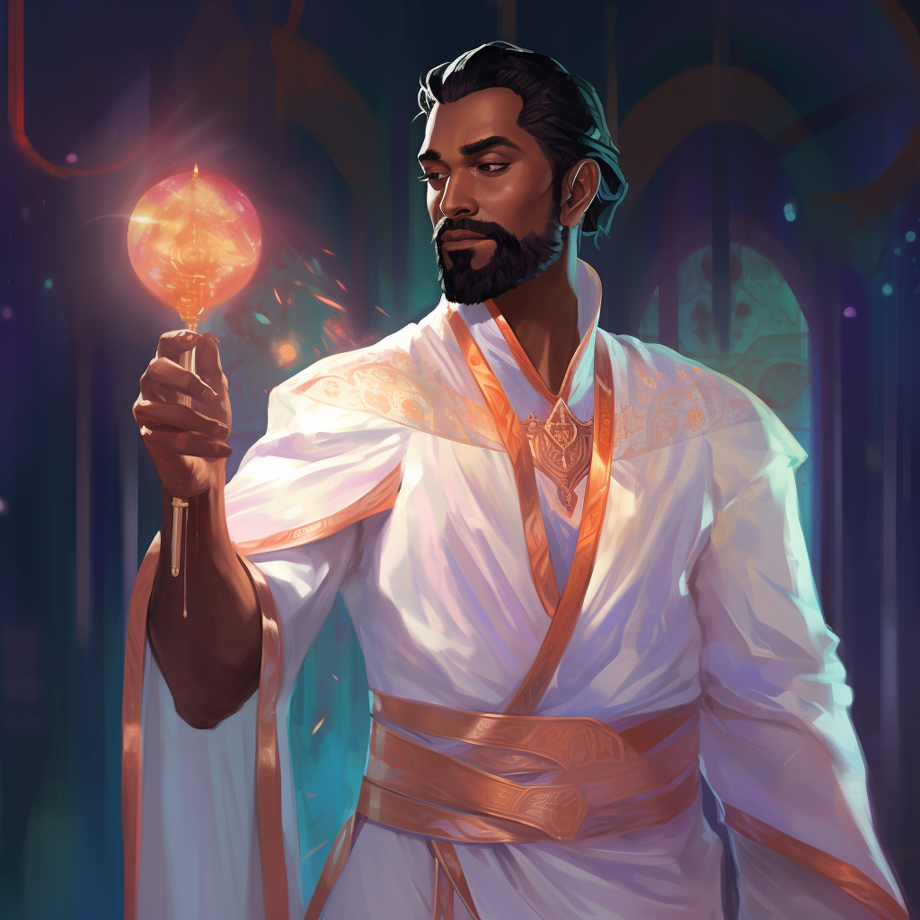 Indian man wearing white robes with glowing glyphs