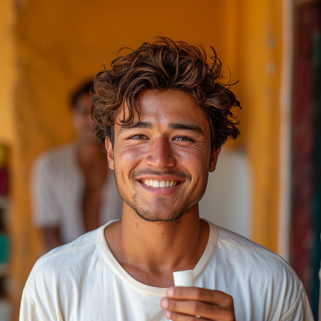 Indian man with white t-shirt and tube, smiling