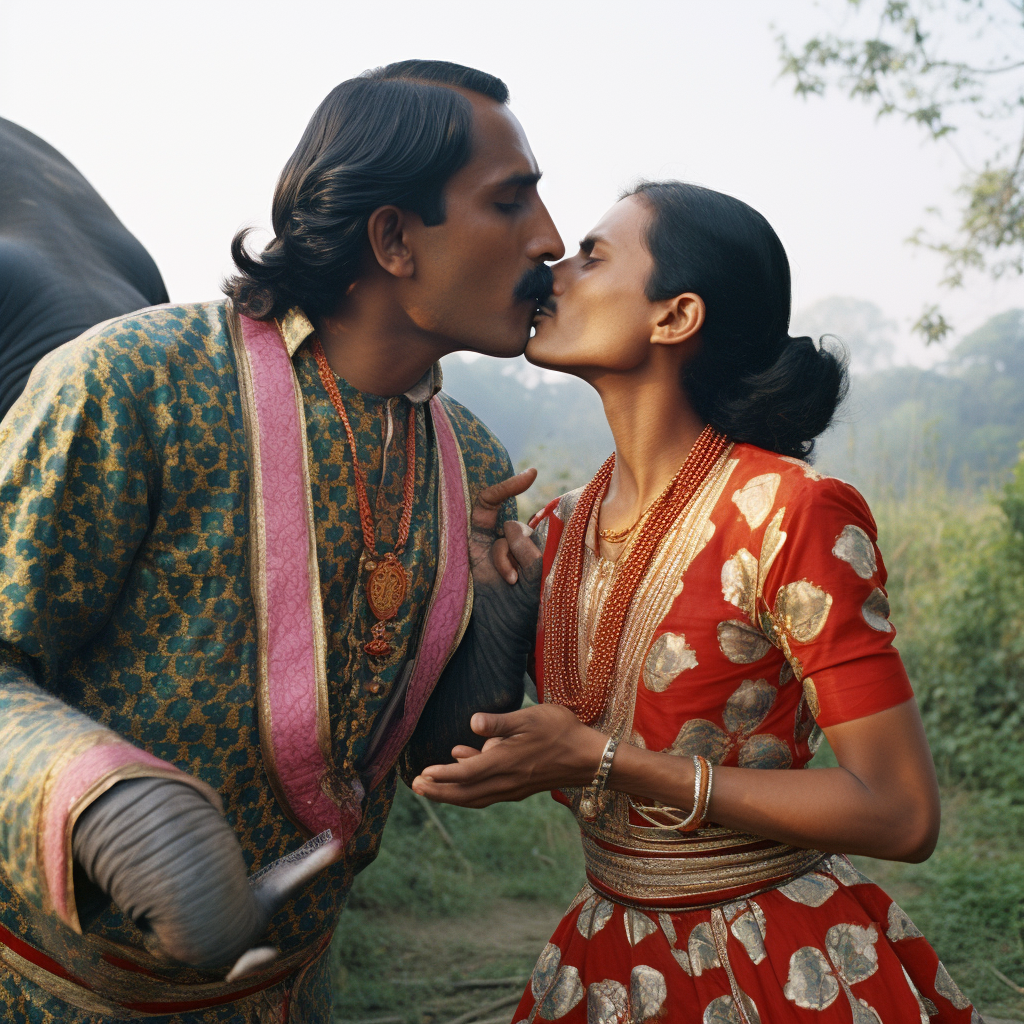 Romantic Indian couple kissing an elephant trunk