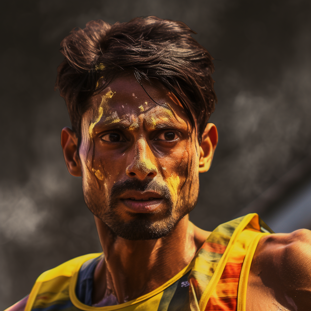 Close-up image of determined Indian marathon runner