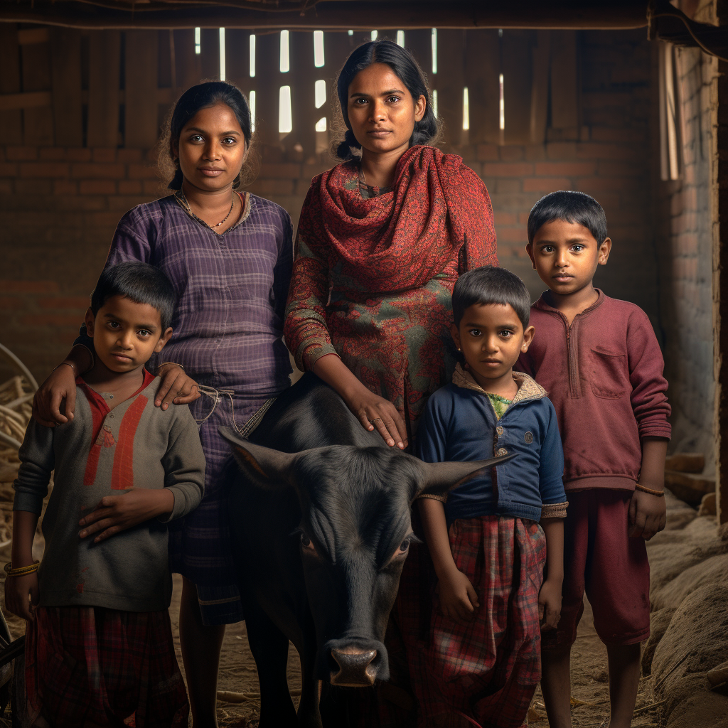 Indian mother with her five children in front of cow barns