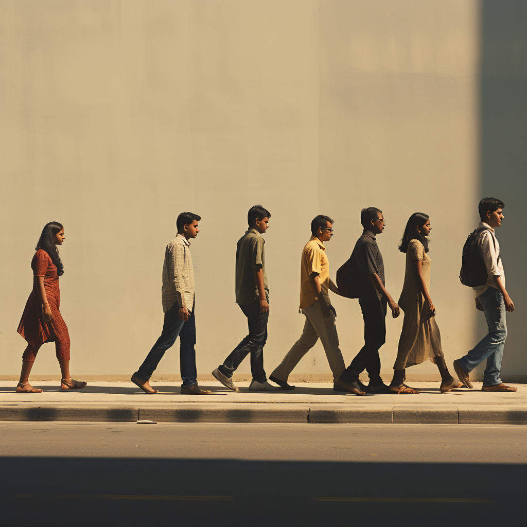 Indian people walking crossing street lateral view