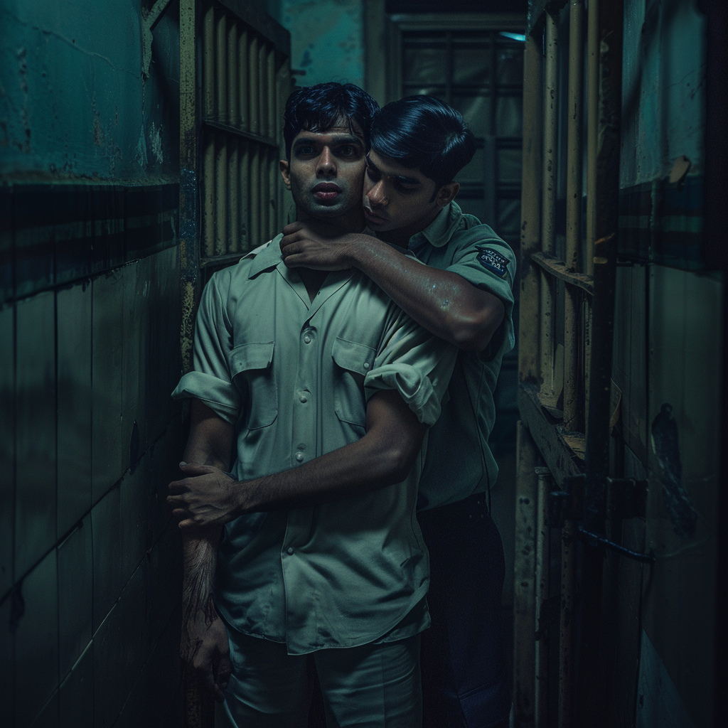 Indian policeman prisoner comforting embrace