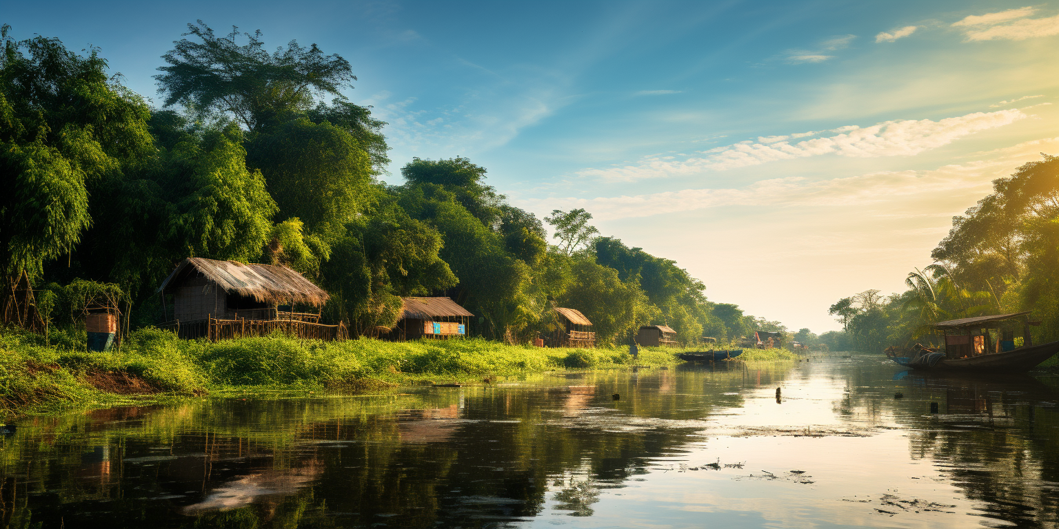 River with land, forest, huts, and vibrant colors