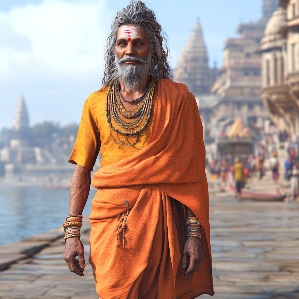 Colorful Indian Sadhu Walking Ganga