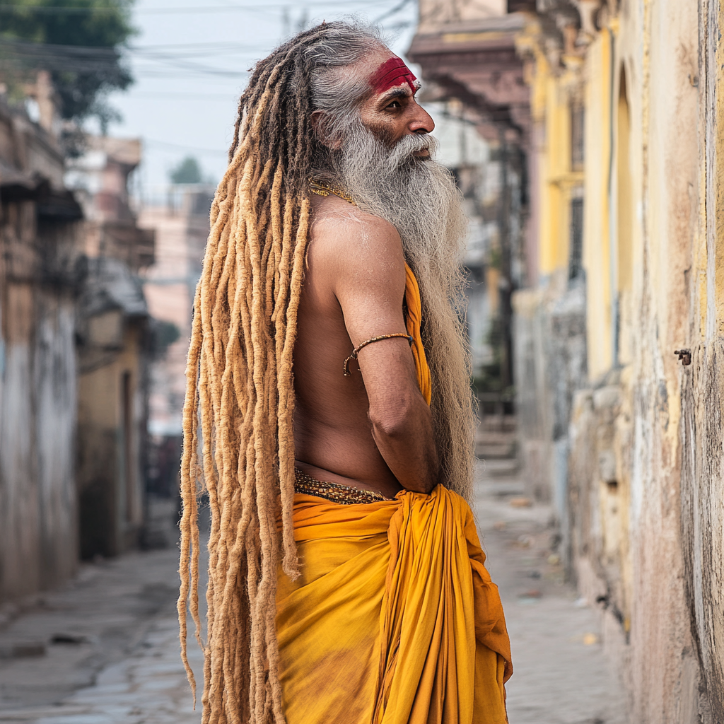 Indian Sadhu in Saffron Dhoti