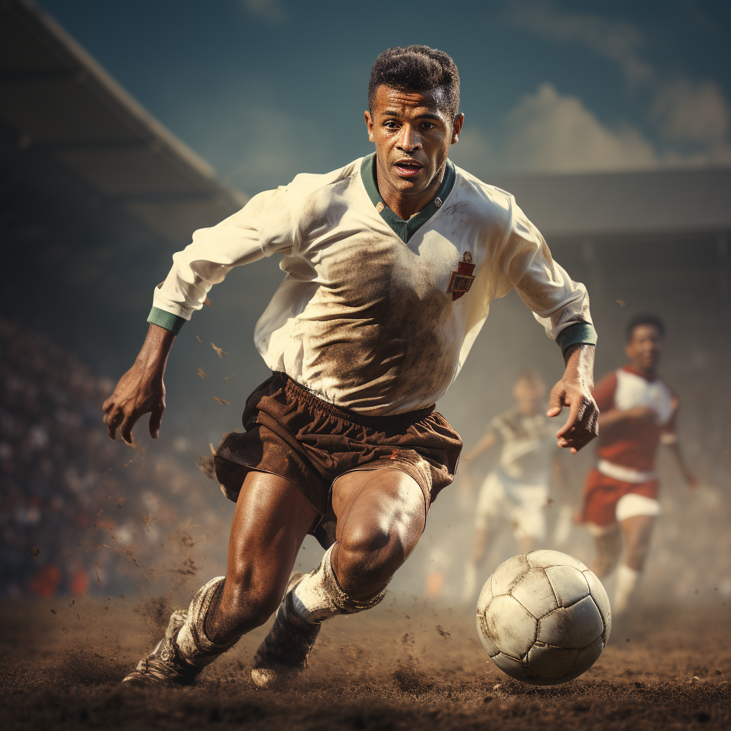 Indian soccer player kicking ball in epic retro poster