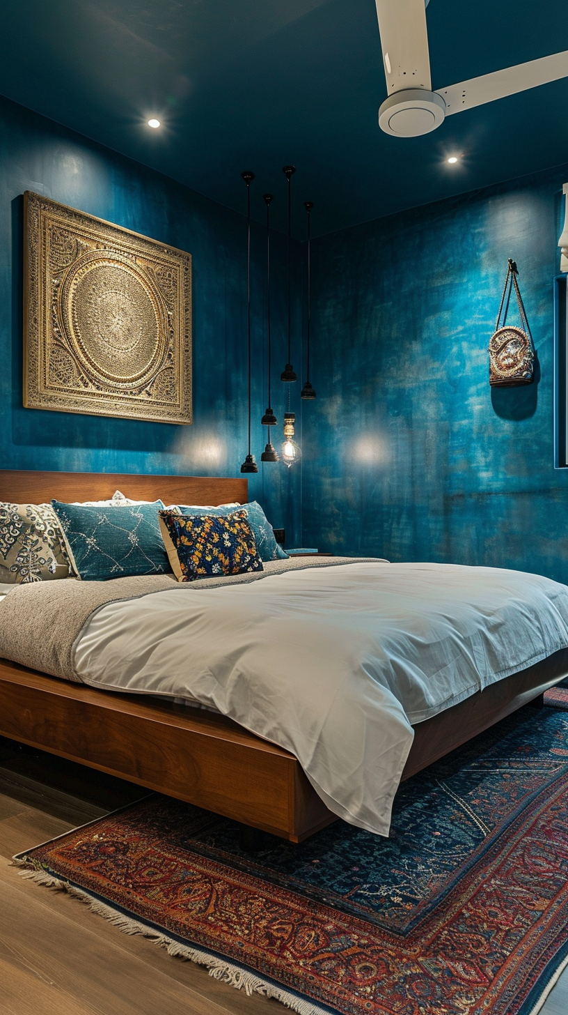 Indian style apartment bedroom with rich color palette