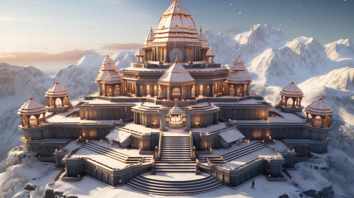 Fantasy illustration of a majestic Indian temple in the snow