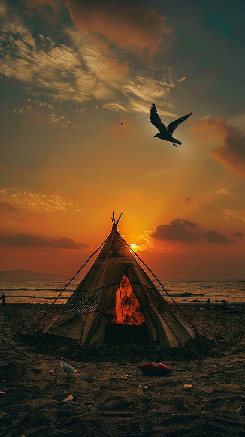 Indian tent on sandy beach