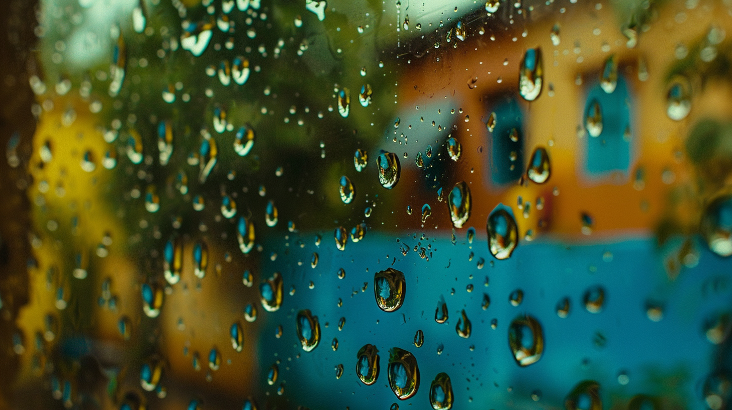 Raindrops window village colors serene