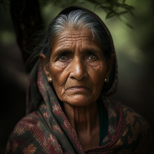 Indian village woman with clear facial features in forest