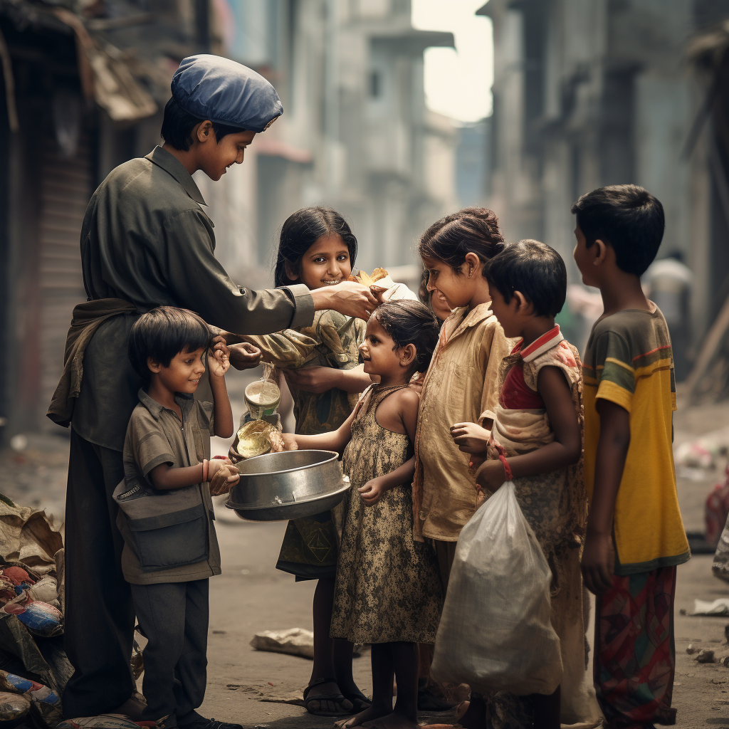 Indian volunteers feeding slum kids with packaged food.