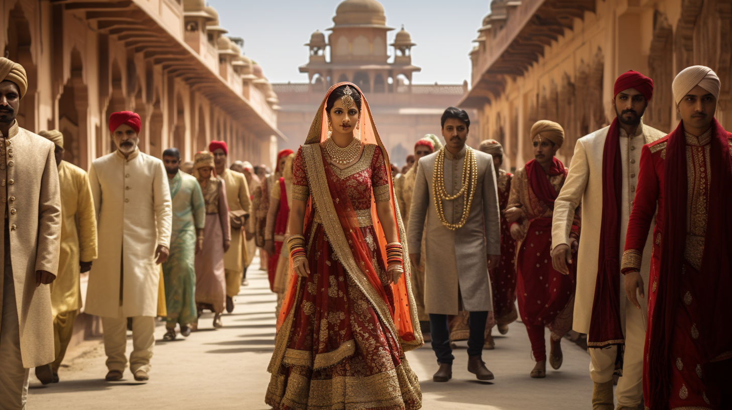 Happy men and women walking away from Indian wedding