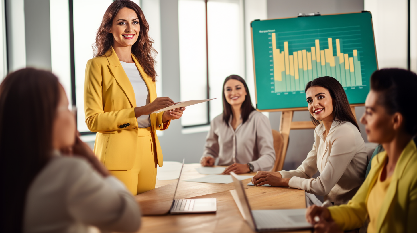 Indian woman CEOs presenting in teal suits